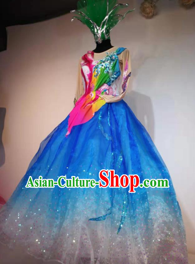 Traditional Chinese Spring Festival Gala Dance Blue Veil Dress Opening Dance Stage Show Costume for Women