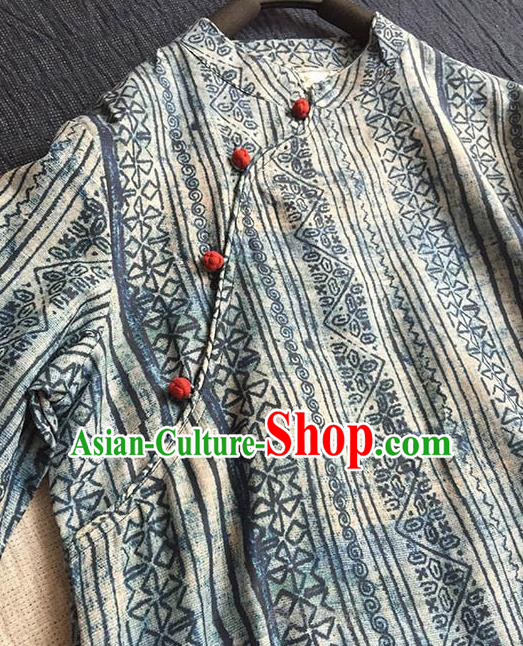Chinese Traditional Tang Suit Navy Ramie Cheongsam National Costume Qipao Dress for Women