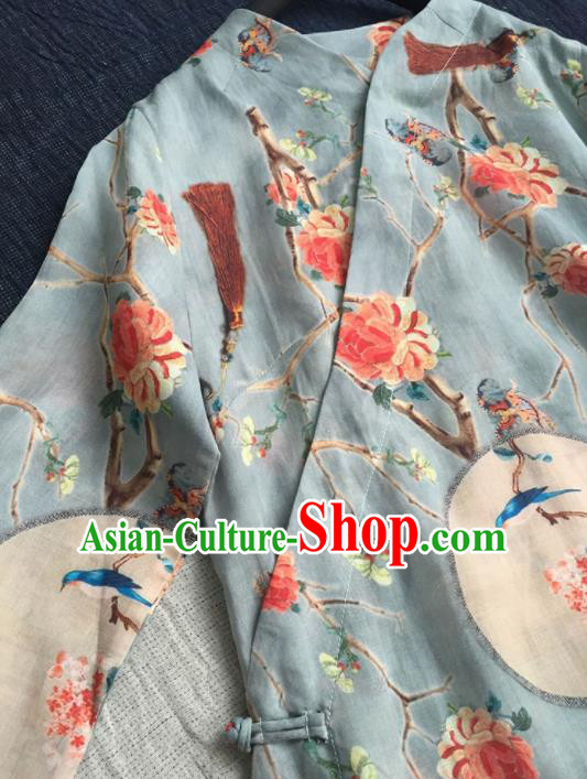Chinese Traditional Tang Suit Printing Peony Light Blue Ramie Cheongsam National Costume Qipao Dress for Women