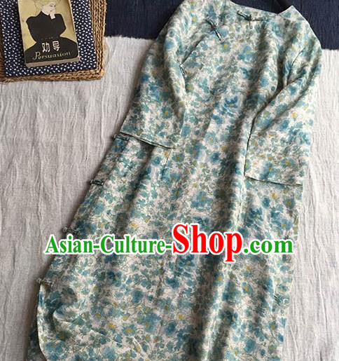 Chinese Traditional Tang Suit Printing Ramie Cheongsam National Costume Qipao Dress for Women