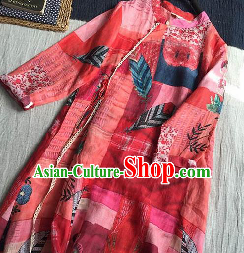 Chinese Traditional Tang Suit Printing Red Ramie Cheongsam National Costume Qipao Dress for Women