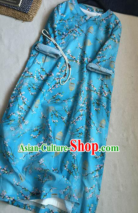 Chinese Traditional Tang Suit Printing Plum Blue Ramie Cheongsam National Costume Qipao Dress for Women
