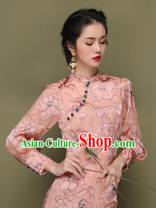 Chinese Traditional Tang Suit Pink Cheongsam National Costume Qipao Dress for Women