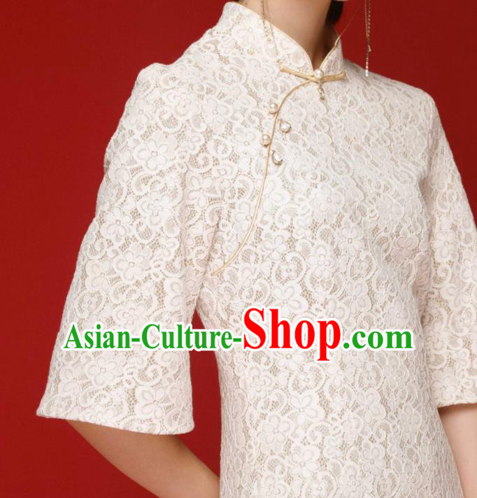 Chinese Traditional Tang Suit White Lace Cheongsam National Costume Qipao Dress for Women