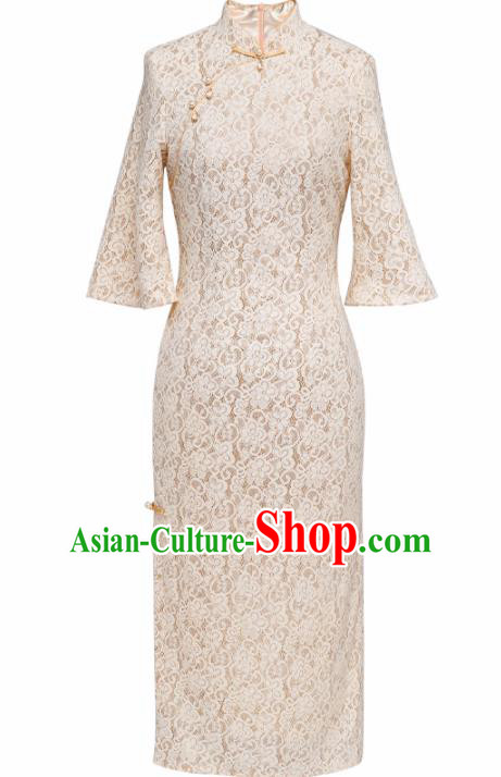 Chinese Traditional Tang Suit White Lace Cheongsam National Costume Qipao Dress for Women