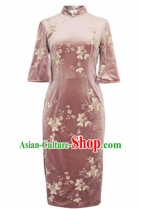 Chinese Traditional Tang Suit Pink Pleuche Cheongsam National Costume Qipao Dress for Women