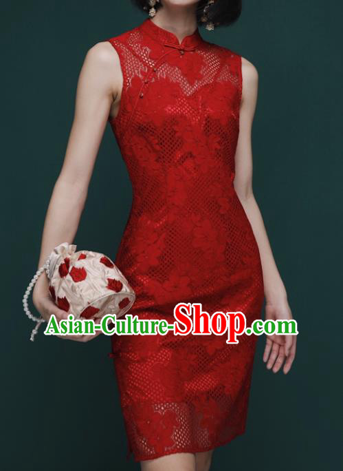 Chinese Traditional Tang Suit Red Lace Cheongsam National Costume Qipao Dress for Women