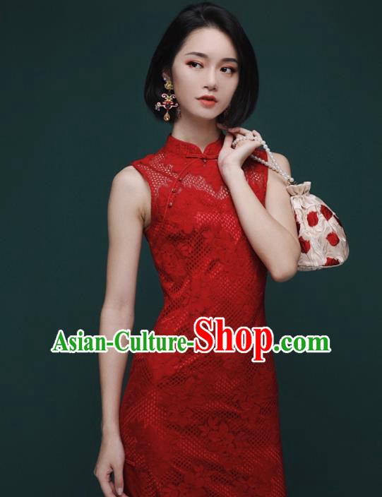 Chinese Traditional Tang Suit Red Lace Cheongsam National Costume Qipao Dress for Women