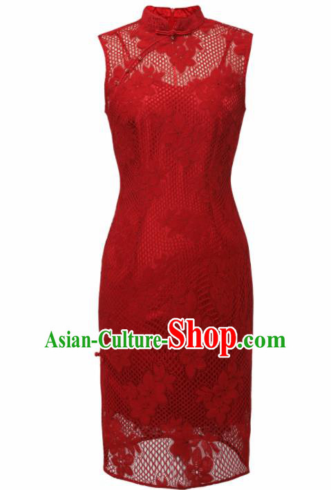 Chinese Traditional Tang Suit Red Lace Cheongsam National Costume Qipao Dress for Women