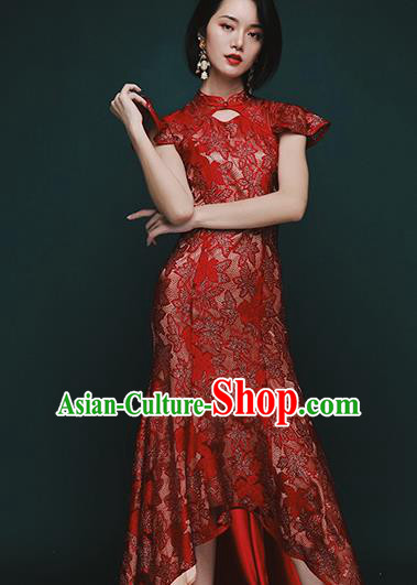 Chinese Traditional Tang Suit Red Lace Fishtail Cheongsam National Costume Qipao Dress for Women