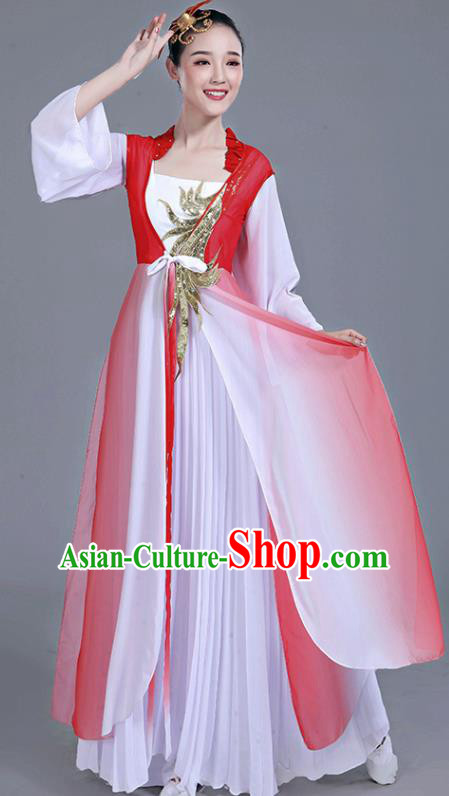 Chinese Traditional Umbrella Dance White Dress Classical Dance Round Fan Dance Costume for Women