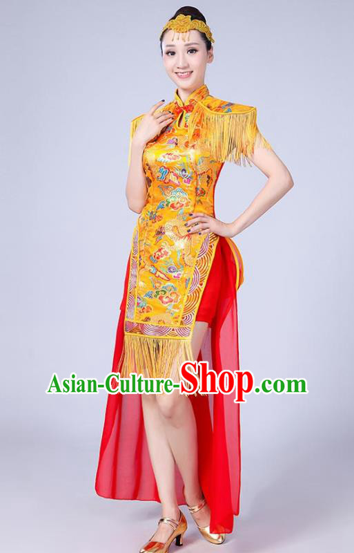 Chinese Traditional Folk Dance Yangko Yellow Tassel Dress Drum Dance Group Dance Costume for Women