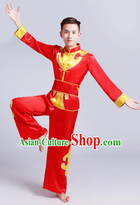 Traditional Chinese Drum Dance Folk Dance Red Outfits Fan Dance Costume for Men