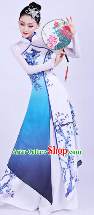 Chinese Traditional Umbrella Dance Blue Dress Classical Dance Round Fan Dance Costume for Women
