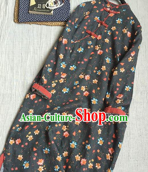 Chinese Traditional Tang Suit Printing Grey Cheongsam National Costume Qipao Dress for Women