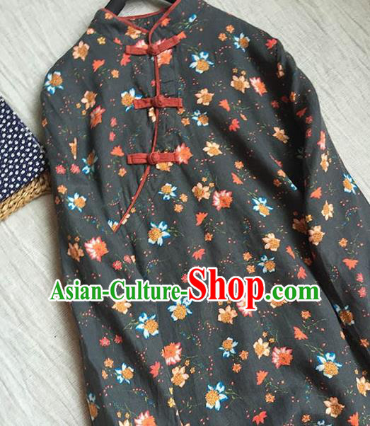 Chinese Traditional Tang Suit Printing Grey Cheongsam National Costume Qipao Dress for Women