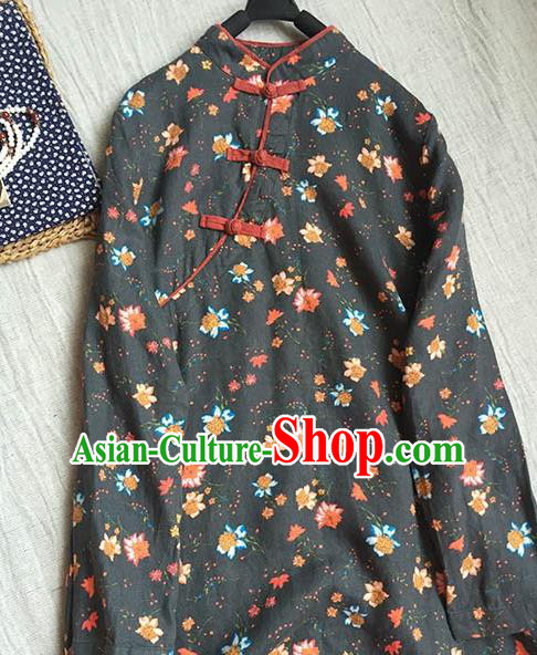 Chinese Traditional Tang Suit Printing Grey Cheongsam National Costume Qipao Dress for Women