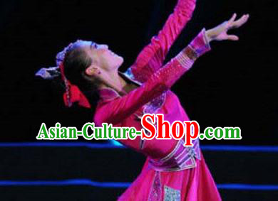 Chinese Traditional Mongol Ethnic Dance Rosy Dress Mongolian Nationality Dance Costume for Women