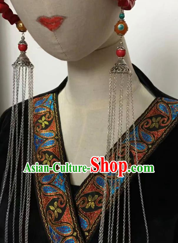 Chinese Traditional Ethnic Ear Accessories Nationality Silver Long Tassel Earrings for Women