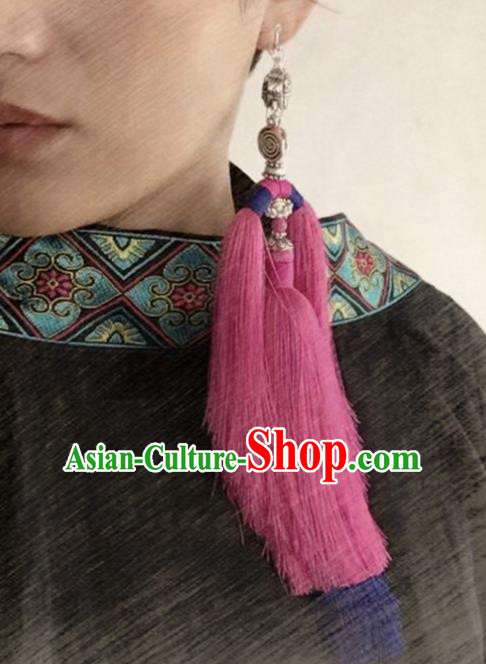 Chinese Traditional Ethnic Silver Ear Accessories Nationality Pink Tassel Earrings for Women