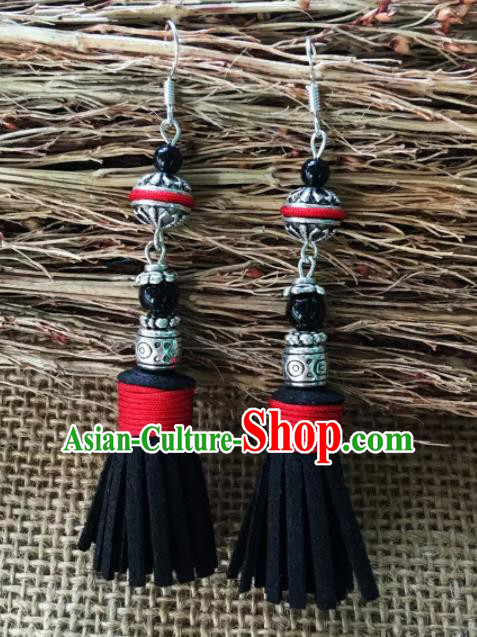 Chinese Traditional Ethnic Ear Accessories Miao Nationality Black Tassel Silver Earrings for Women