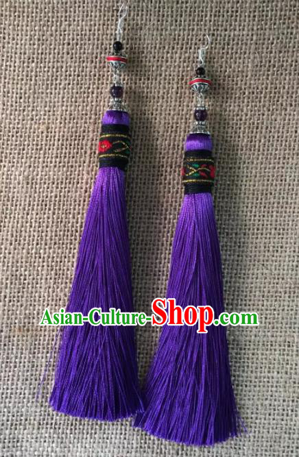 Chinese Traditional Dai Ethnic Ear Accessories Miao Nationality Purple Tassel Earrings for Women