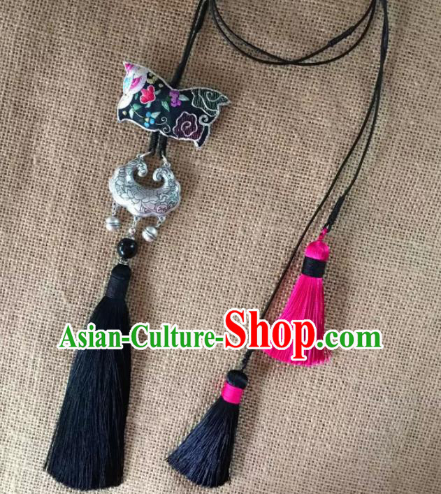 Chinese Traditional Ethnic Embroidered Necklace Accessories Nationality Black Tassel Silver Necklet for Women
