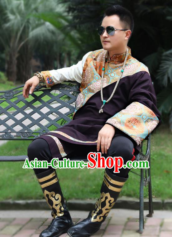 Chinese Traditional Ethnic Wine Red Tibetan Robe Zang Nationality Costume for Men