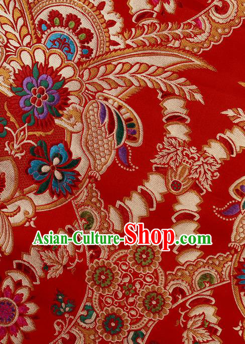 Asian Chinese Traditional Galsang Flower Pattern Red Brocade Tibetan Robe Satin Fabric Silk Material