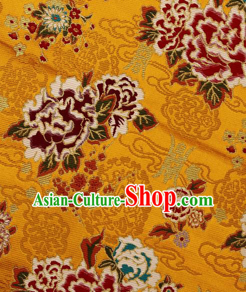 Asian Chinese Traditional Peony Plum Pattern Golden Brocade Tibetan Robe Satin Fabric Silk Material