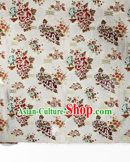 Asian Chinese Traditional Peony Plum Pattern White Brocade Tibetan Robe Satin Fabric Silk Material