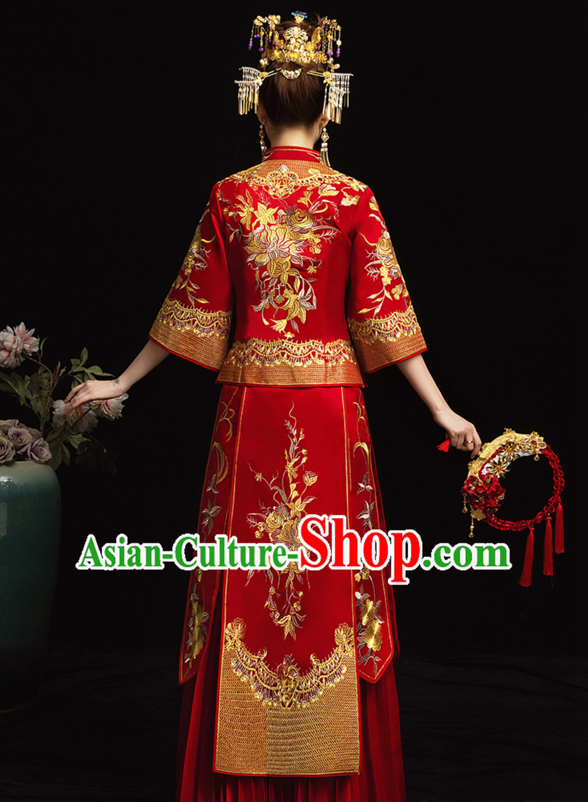 Chinese Classical Embroidered Phoenix Ancient Bride Wedding Dresses for Women