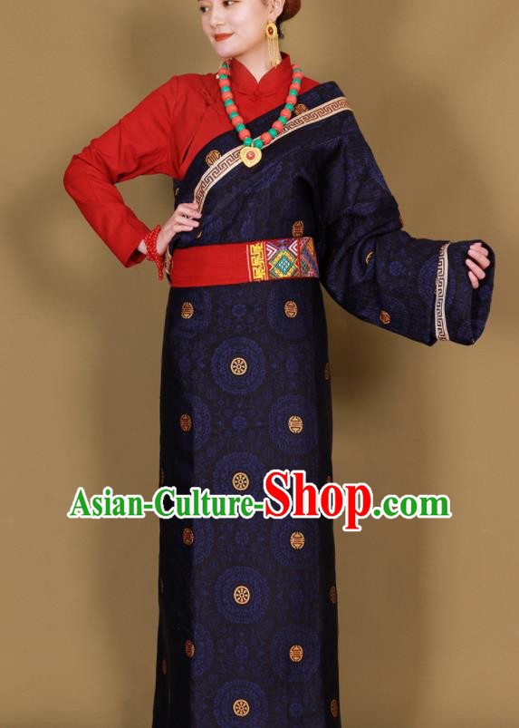 Traditional Chinese Zang Ethnic Guozhuang Navy Robe Tibetan Minority Folk Dance Costume for Women