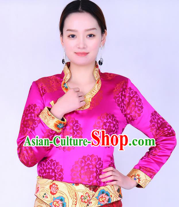 Traditional Chinese Zang Ethnic Rosy Brocade Blouse Tibetan Minority Folk Dance Shirt Costume for Women