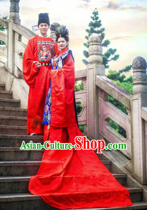 Traditional Chinese Ming Dynasty Wedding Hanfu Clothing Ancient Court Bride and Bridegroom Replica Costumes Complete Set