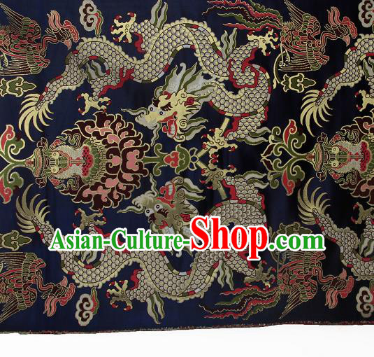 Asian Chinese Traditional Dragon Lotus Pattern Navy Brocade Tibetan Robe Satin Fabric Silk Material