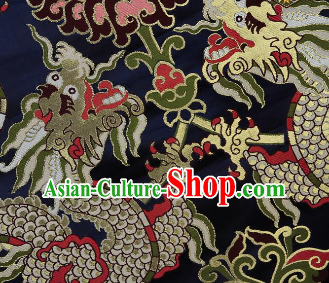 Asian Chinese Traditional Dragon Lotus Pattern Navy Brocade Tibetan Robe Satin Fabric Silk Material