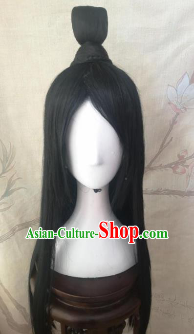 Traditional Chinese Cosplay Swordsman Black Wigs Ancient Nobility Childe Wig Sheath Hair Accessories for Men