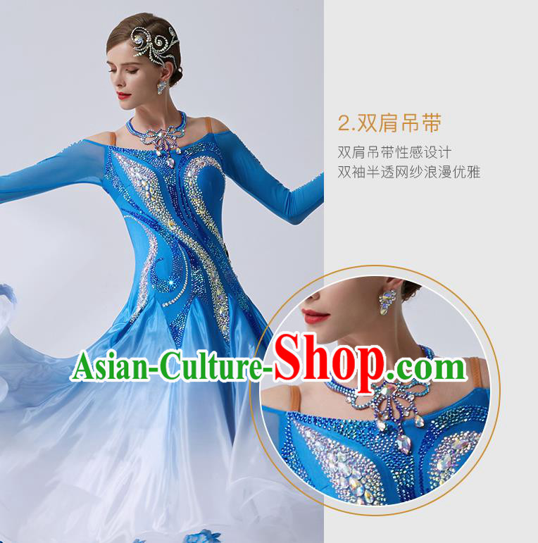 Top Grade Ballroom Dance Blue Dress Modern Dance International Latin Dance Costume for Women