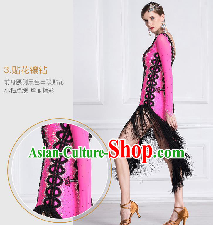 Top Grade Latin Dance Samba Tassel Rosy Dress Modern Dance International Ballroom Dance Costume for Women