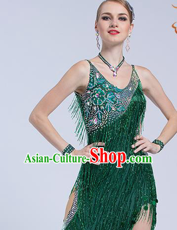 Top Grade Latin Dance Competition Cha Cha Green Tassel Dress Modern Dance International Ballroom Dance Costume for Women