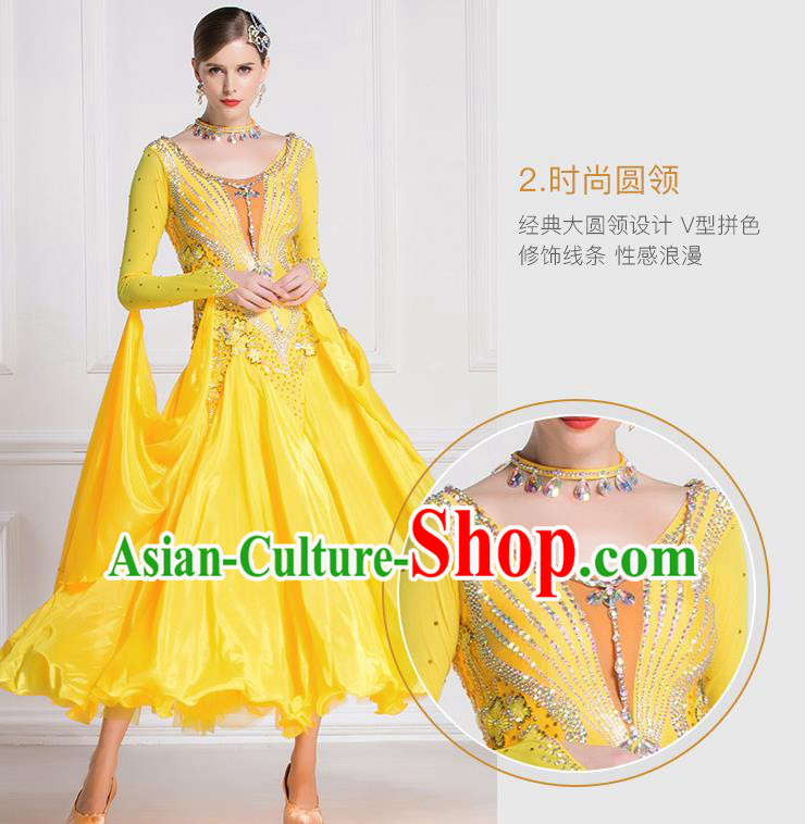 Professional International Waltz Dance Yellow Dress Ballroom Dance Modern Dance Competition Costume for Women