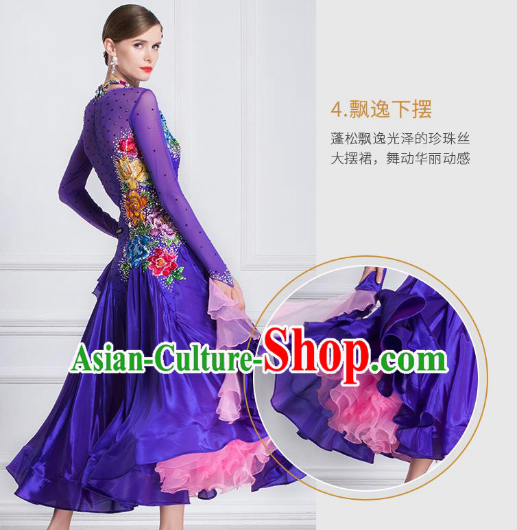 Professional Modern Dance Waltz Purple Dress International Ballroom Dance Competition Costume for Women