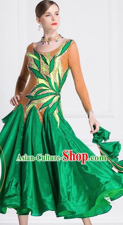 Professional Modern Dance Waltz Green Dress International Ballroom Dance Competition Costume for Women