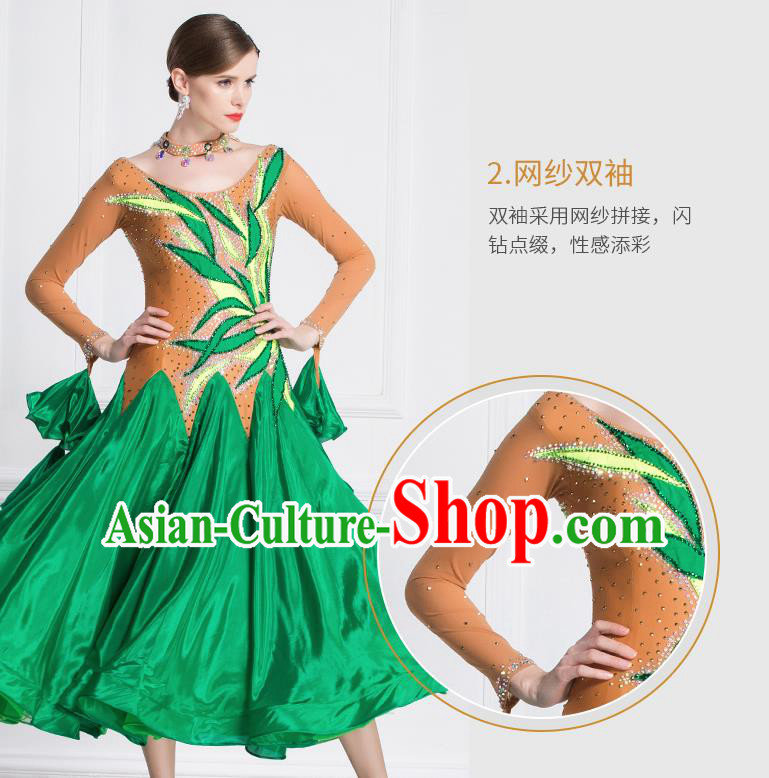 Professional Modern Dance Waltz Green Dress International Ballroom Dance Competition Costume for Women