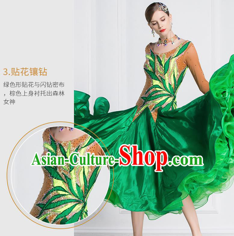Professional Modern Dance Waltz Green Dress International Ballroom Dance Competition Costume for Women