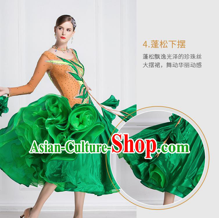 Professional Modern Dance Waltz Green Dress International Ballroom Dance Competition Costume for Women
