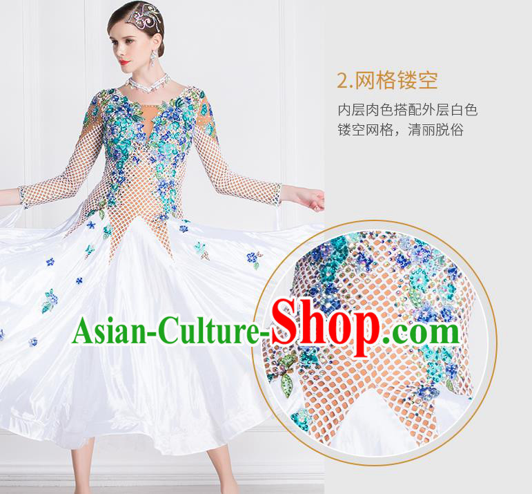 Professional Modern Dance Waltz White Dress International Ballroom Dance Competition Costume for Women