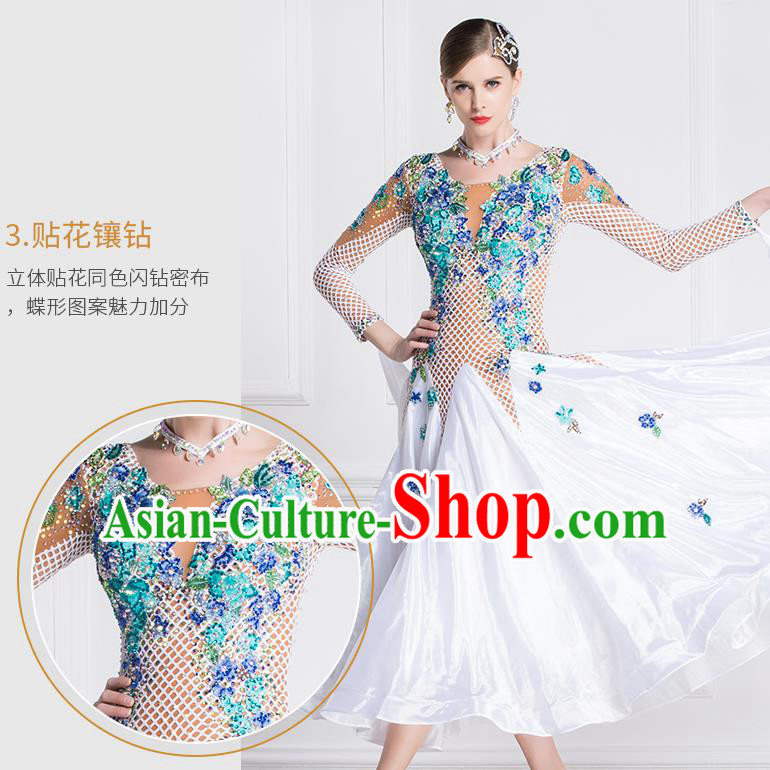 Professional Modern Dance Waltz White Dress International Ballroom Dance Competition Costume for Women