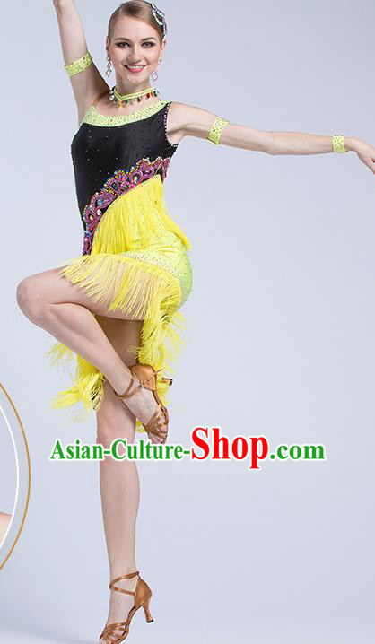 Top Latin Dance Competition Yellow Tassel Dress Modern Dance International Rumba Dance Costume for Women